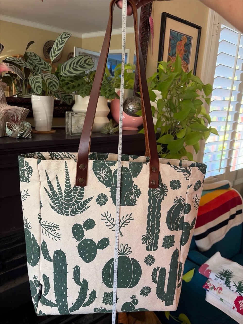 Canvas Cactus Print Tote with Brown Leather Straps - Picture 4 of 5